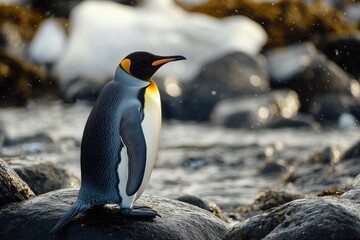Fototapeta premium Majestic king penguin standing on rocky shore under soft sunlight near icy waters