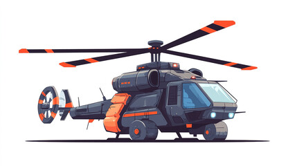 Cartoon flat helicopter with rotor blades, designed for versatile missions, isolated on a white background.