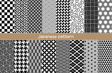 シームレス和柄パターン16種類セット 唐草模様、七宝、鹿の子、矢絣、分銅つなぎ、紗綾形、工字繋ぎ