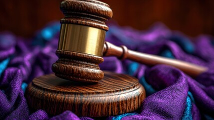 A wooden judge's gavel on top of a pile of purple  