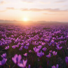 Naklejka premium Golden sunrise over a vast field of purple saffron flowers, soft mist in the air, delicate flowers blooming gently