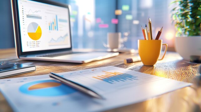 A creative workspace with pastel SEO graphs and charts, focusing on fresh content creation ideas