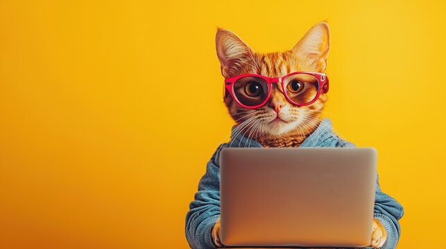Cat Using Laptop: Orange Tabby in Glasses