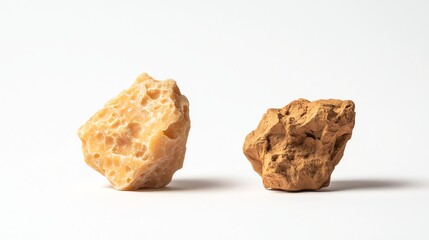 Two irregularly shaped, earthy rocks are displayed on a white background, showcasing their natural textures and colors.