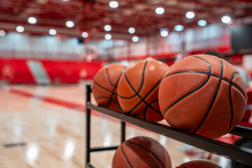 Close up photo of basketballs on storage rack inside of a gym with wood floors and red bleachers.
