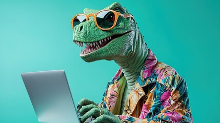 Dinosaur Using Laptop, Summer Vacation