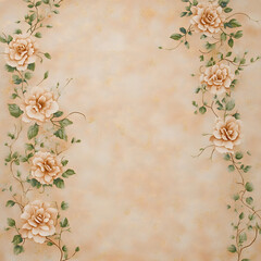 Elegant floral wallpaper design featuring soft peach roses and green leaves