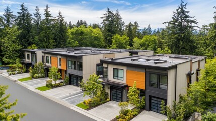 Fototapeta premium 76.Four attached townhomes in a contemporary design with flat roofs, private entrances, and designated parking spaces lined with trees and streetlights.