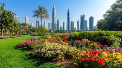 Zabeel Park with Dubai Frame in the background, vibrant greenery, 