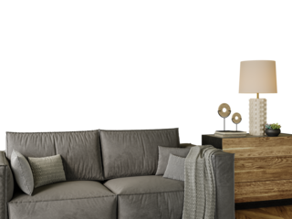 Free PNG wallpaper mockup in Interior, a living room a couch with a lamp,tree on the table, with transparent background, 3D rendering