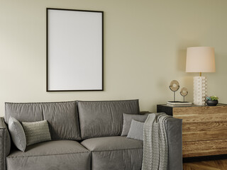 Frame mockup in Interior, a living room a living room with a sofa lamp, and a picture on the wall, 3D rendering