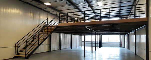 Modern warehouse mezzanine with stairs.