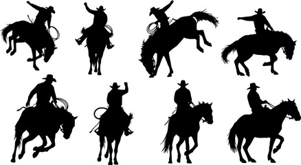 vector set of Cowboy rodeo set wild horses. Vector rodeo silhouette of cowboy riding wild horses isolated on white for design
