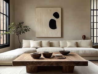 modern minimalist living room, white sectional sofa, wooden coffee table, large potted plant, abstract black and white wall art, natural light, floor-to-ceiling windows, hardwood floors, neutral color
