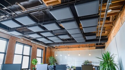 Office with acoustic ceiling panels, soundproofing elements, and warm lighting