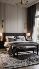 Fototapeta premium Stylish modern bedroom with black and white color palette large windows luxury furniture and a minimalist design Contemporary Interior Design Inspiration