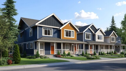 101.A freshly constructed twin house with contrasting facade colors, spacious front yards, and a backdrop of a clear sky blending with nearby trees.