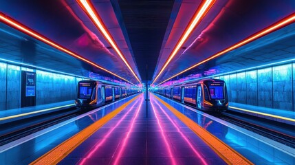 Retro Futuristic Train Station with Neon Lights and Bustling Atmosphere