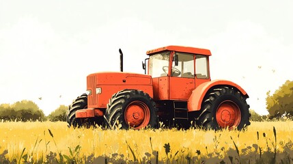 Fototapeta premium a 2D cartoon illustration of a tractor in a field, ready for work, white background--ar 16:9