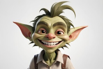 Obraz premium A cheerful, 3D-rendered goblin with large ears, a wide grin, and light brown hair, wearing a light beige shirt and suspenders against a white background.