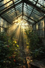 Sunlight Through Overgrown Greenhouse with Vegetation and Shadows