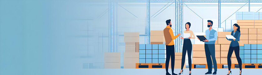 Business team meeting in warehouse. Logistics, inventory, supply chain.