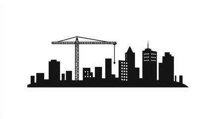 Naklejka premium Construction site silhouette with crane over building, urban development, isolated on white background
