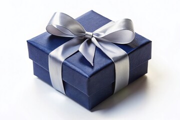 Obraz premium Minimalist Dark Blue Gift Box with Ribbon – Isolated White Background Stock Photo