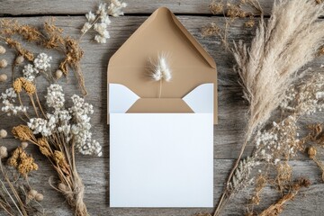 Blank card and envelope with dried flowers on wood