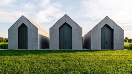 83.Four identical boxy homes with sharply angled roofs, one central door each, and no visible windows, positioned in a line with green grass in the foreground.