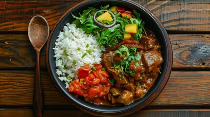 A vibrant bowl of delicious beef stew served with fluffy white rice, fresh salad, and a colorful mango salsa, inviting a flavorful culinary experience.