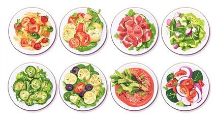  Flat food icons collection, including various dishes, isolated on white.  