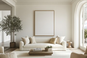 Fototapeta premium Modern Living Room Interior Design With Large Blank Canvas