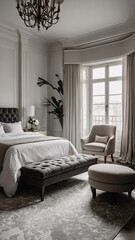 Fototapeta premium Spacious luxury bedroom in black and white tones with expansive windows modern furniture and minimalist design Contemporary Interior Design Inspiration