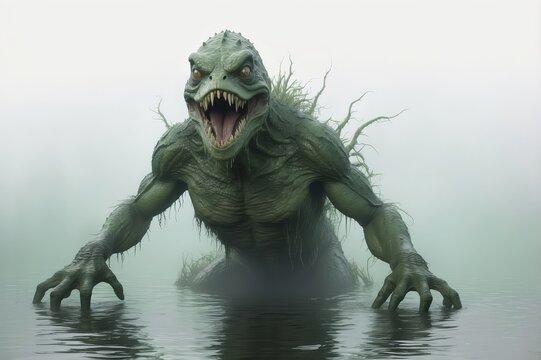 A terrifying green monster emerges from foggy water, baring its teeth.
