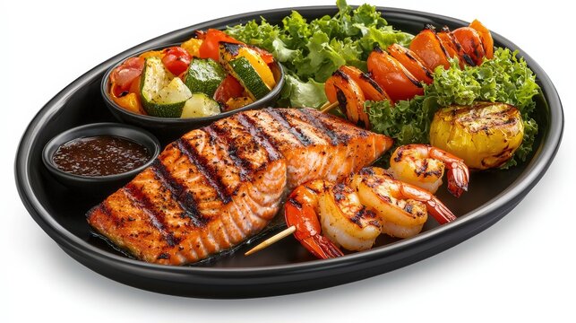 a seafood platter with grilled salmon, shrimp skewers, and a side of roasted vegetables