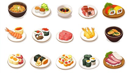 Collection of flat food icons, including pizza, fruits, and drinks, isolated.  