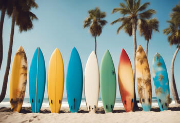 surfboards row generated beach palm background trees sky water retro sport vintage summer nature banner sun surf surfboard hawaii vacation lifestyle tour tourism ocean california