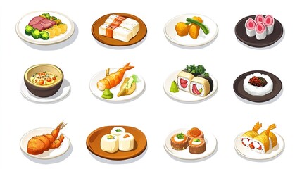 Set of flat food icons: pizza, burger, fruits, and more, isolated on white background.  