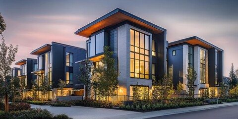 Fototapeta premium Modern townhouses, twilight, urban architecture, glass facades, warm interior lighting, contemporary design, angular structures, geometric shapes, minimalist aesthetic, landscaped vegetation, upscale 