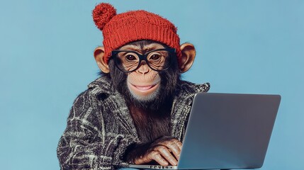 Chimpanzee using Laptop, Winter Hat