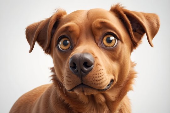 Adorable brown dog portrait, curious expression, large eyes.