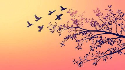 Birds flying at sunset with a silhouette of branches and leaves against a colorful sky