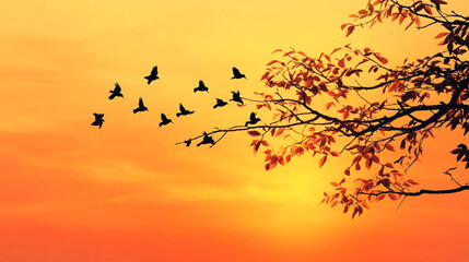 Fototapeta premium Birds flying at sunset with colorful sky and autumn leaves in background