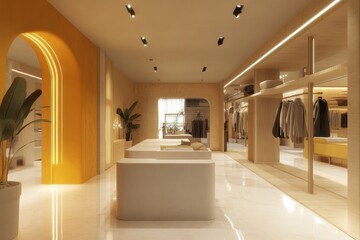 Fototapeta premium Modern retail space features minimalist design and warm lighting in a stylish clothing store