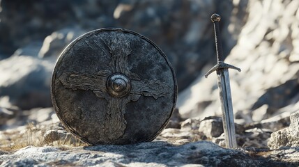 Knight sword and shield on the ground