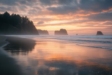 Fototapeta premium Sunset over a serene beach reflecting colors with rocky formations and cloudy sky in the distance