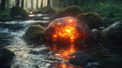 Glowing Red Stone in a Forest Stream 