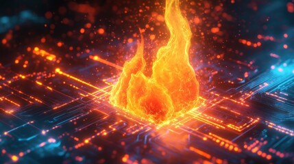 Flaming Circuit Board, Digital Inferno, Tech Failure, Abstract Background, Data Destruction