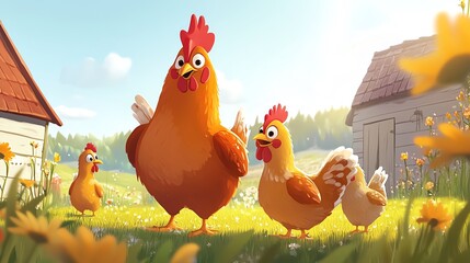 a 2D cartoon illustration of a happy chicken with a basket of eggs, fun and colorful, white background--ar 16:9